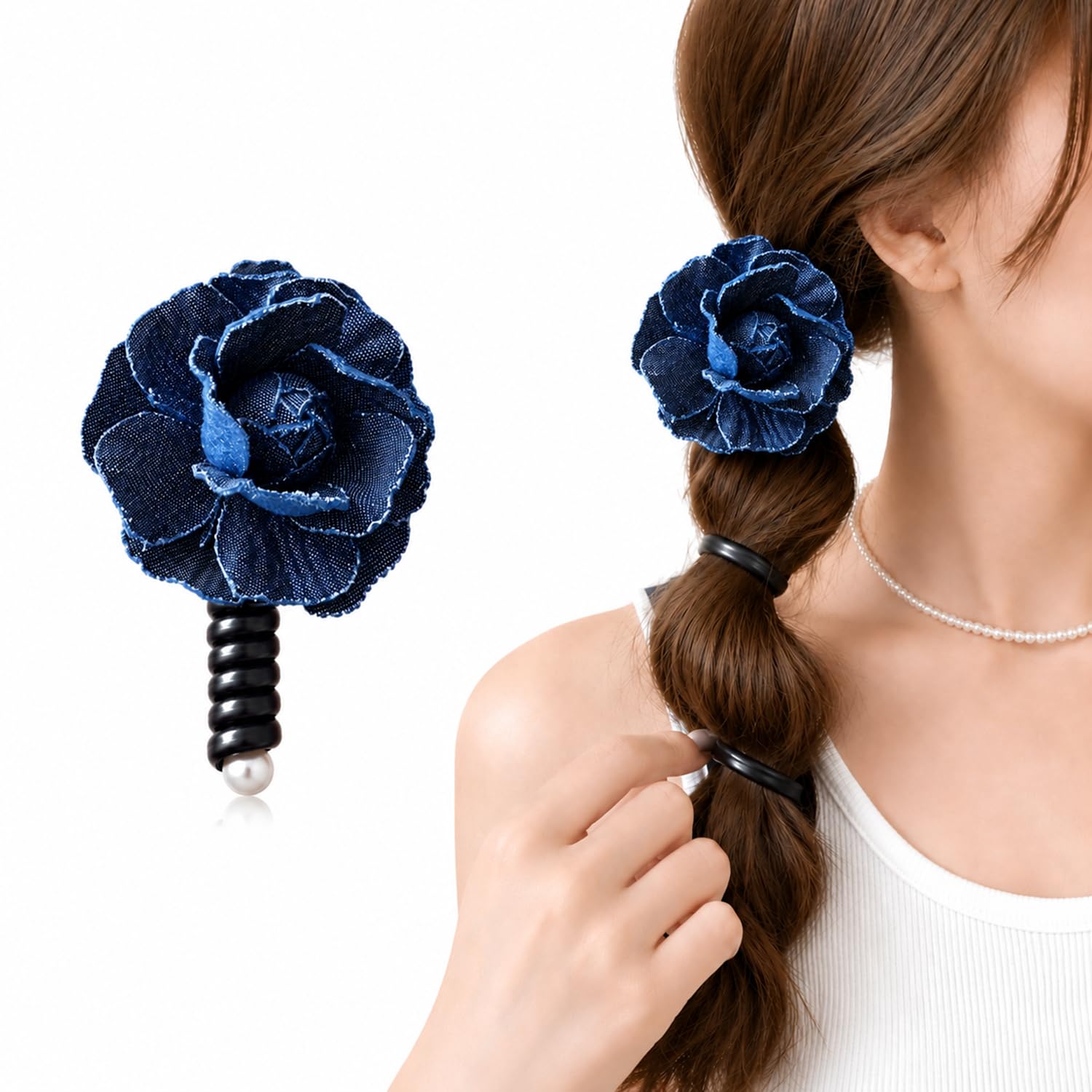 S.A.V.I Denim Flower Spiral Hair Tie for Women Dark Blue | Floral Elastic Pony Holder, 9 cm Accessory for Casual & Party, Comfortable-picture-43