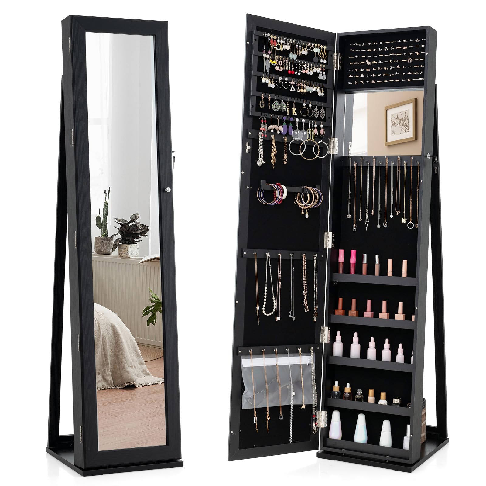 HOMASIS HOMASIS Armario joyero de pie, Armario para joyas con espejo de cuerpo entero y espejo de maquillaje integrado, Espejo vertical giratorio con cerradura y 2 llaves y escalera, 38x37x157cm (Negro)