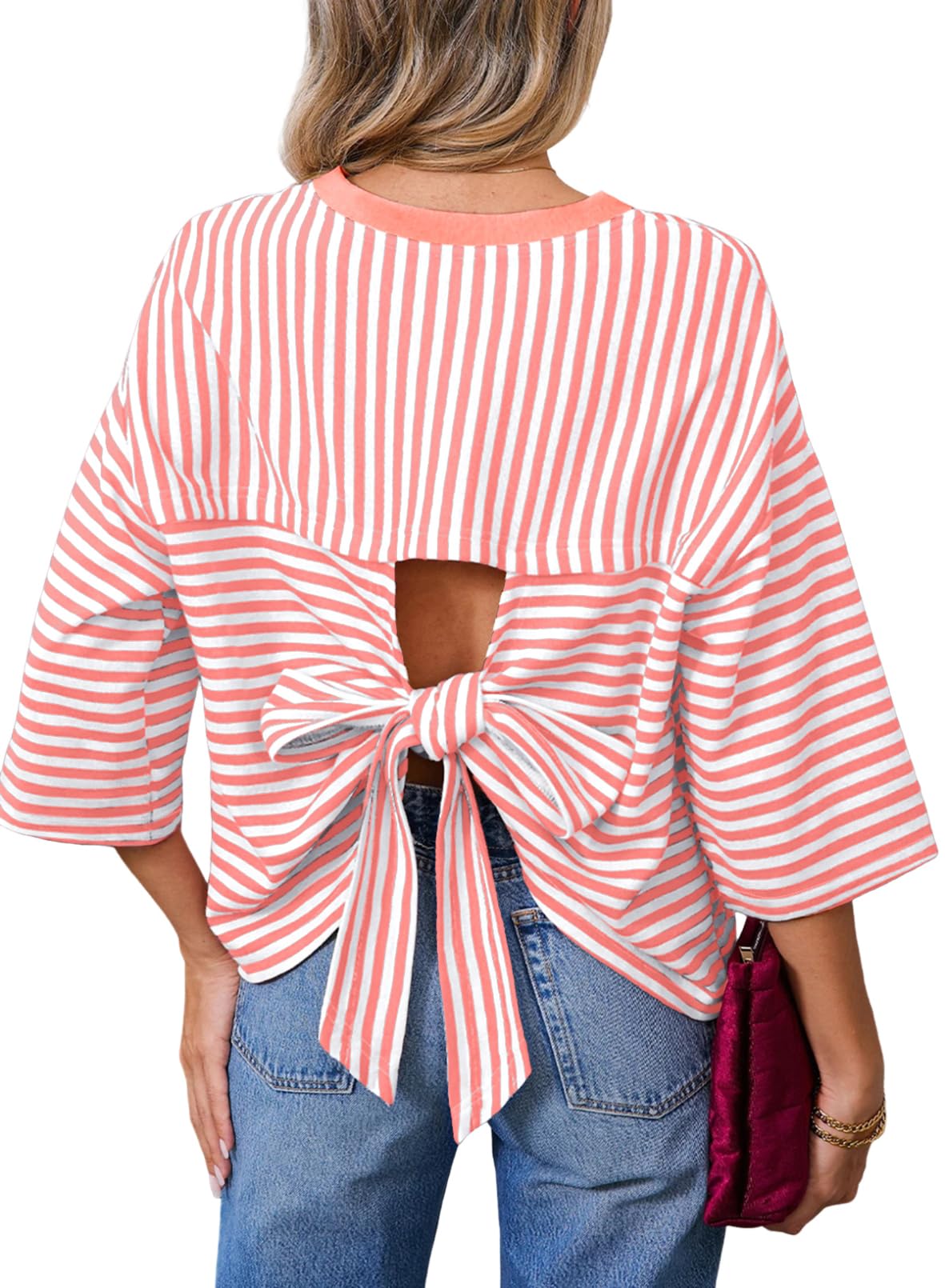 Dokotoo Womens Tops 2026 Striped Tie Back Short Sleeve T Shirts Crewneck Casual Loose Basic Tee Summer Outfits — view 15