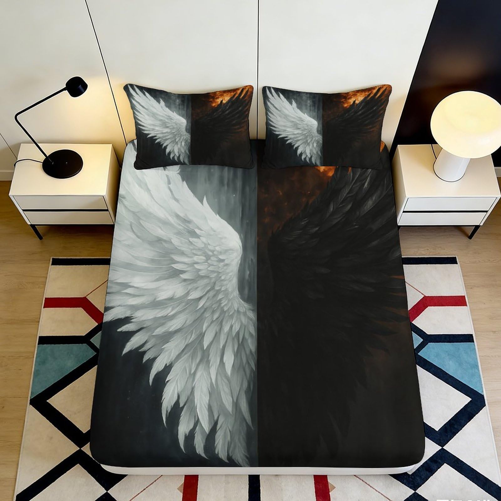 3D Printed Angel Wing Fitted Sheet Microfiber Soft Breathable Dark Feather Mattress Cover Bedroom Decor 90x200x25cm