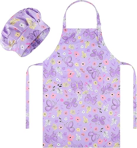 Miniatura 1 de MHJY Juego de delantal y sombrero de chef para niños, para cocinar, hornear, pintar, bonito delantal para niñas pequeñas con bolsillos, mariposa