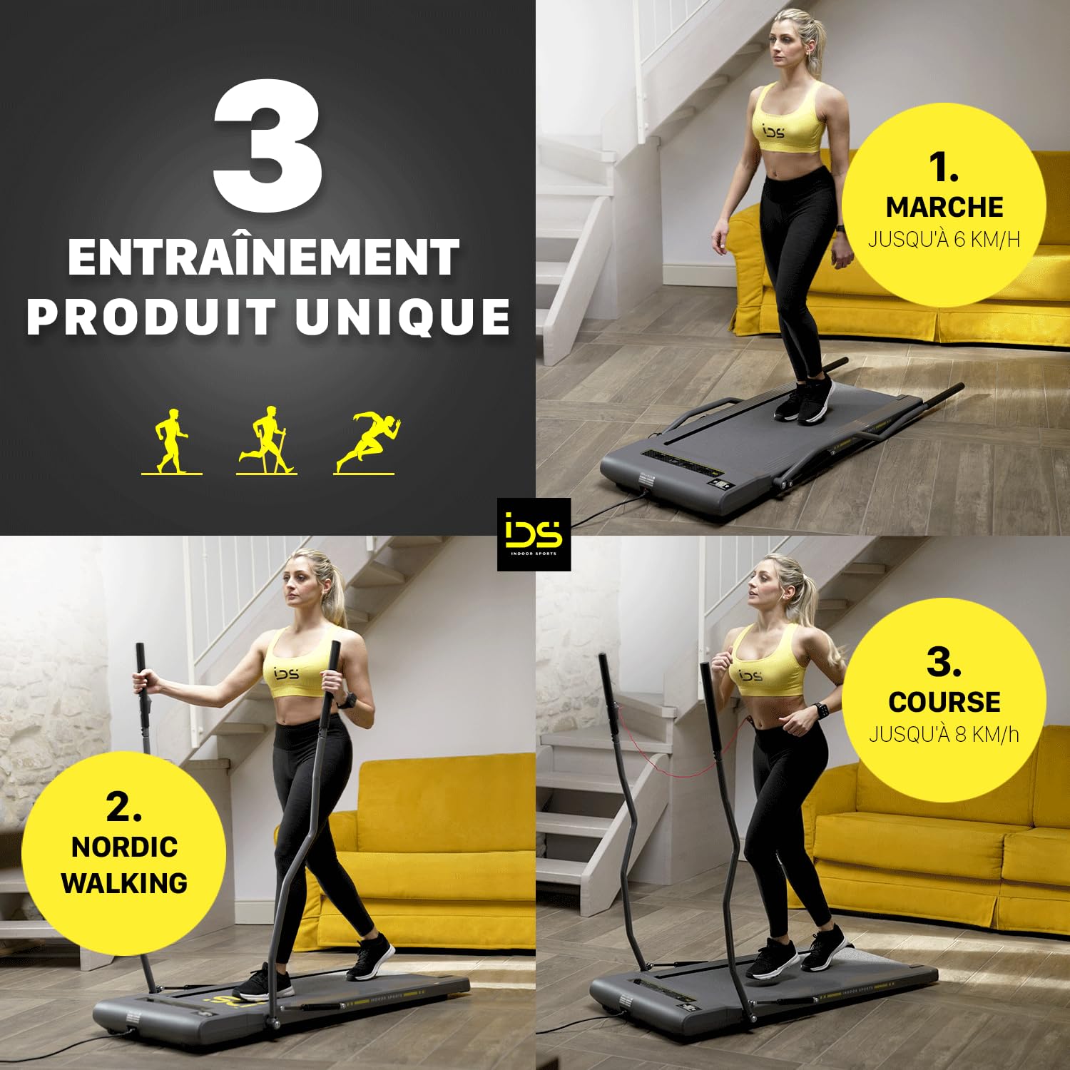 Tapis Roulant électrique IDS W6 – 3 En 1 (marche, Course, Nordic Walking), Ultra-fin 11,5cm, 8 Km/h, 6 Programmes, Télécommande Au Poignet, Garantie Italie