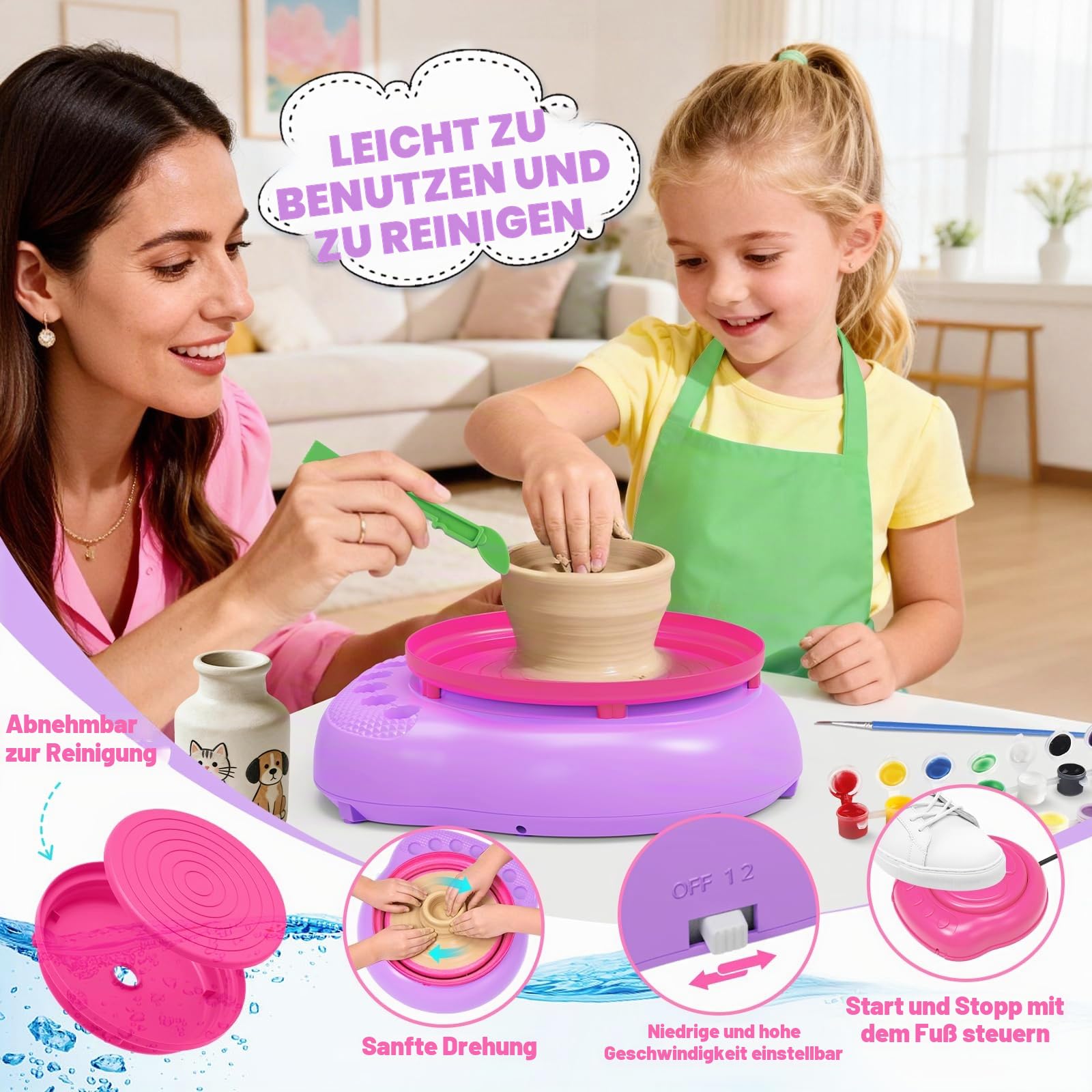 Töpferscheibe Kinder elektrisch,Töpferset 6-12 Jahre mit Ton | Komplettes DIY-Bastelset mit 3x lufttrocknendem Ton, 14 Farben, Fußpedal & USB – kreatives Geschenk für Mädchen und Jungen