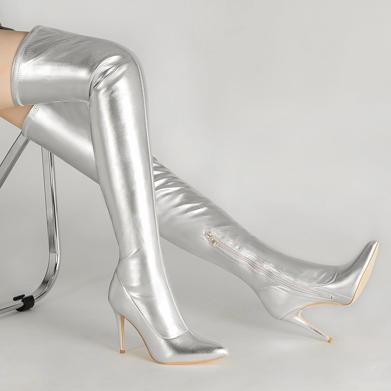 CAMSSOO Women's Thigh High Boots Faux Suede Elasticity Heels Over The Knee Boots Side Zip Pointed Toe Fashion Sexy Winter Stiletto Knee High Boots - Image 2