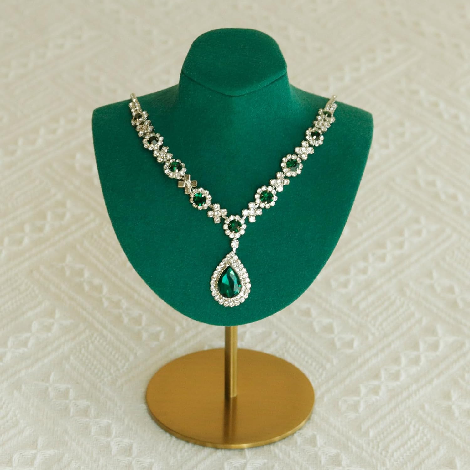 Emerald Green Microfiber Leather Jewelry Display Stand With Stainless Steel Base – Vintage Necklace Holder For Retail, Craft Fair, Or Home – 7.08in / 18cm With Anti-Slip Clips