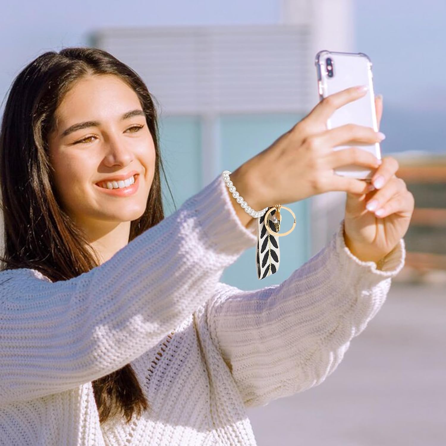 Embroidered Fabric Wristlet Keychain, Faux Pearl Ribbon Cell Phone Pendant Strap Wristlet Leaf Pattern Conch Boho Car Key Holder Pearl-Shell Shaped Pendant Key Fobs Wristband for Women - Image 6