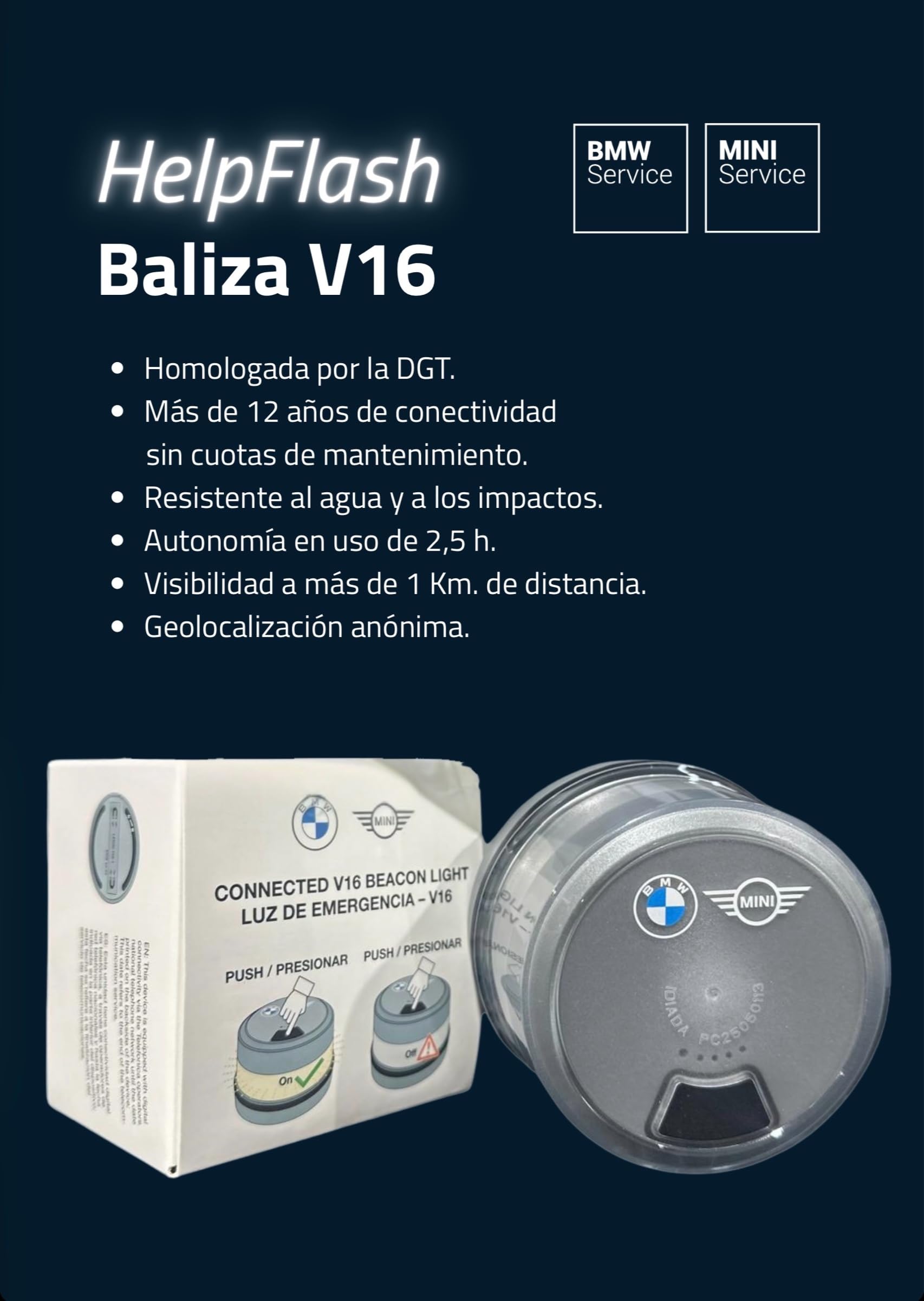 BMW Original Luz de emergencia Homologada V16 - Conectividad digital vía telefónica (Batería incluida)