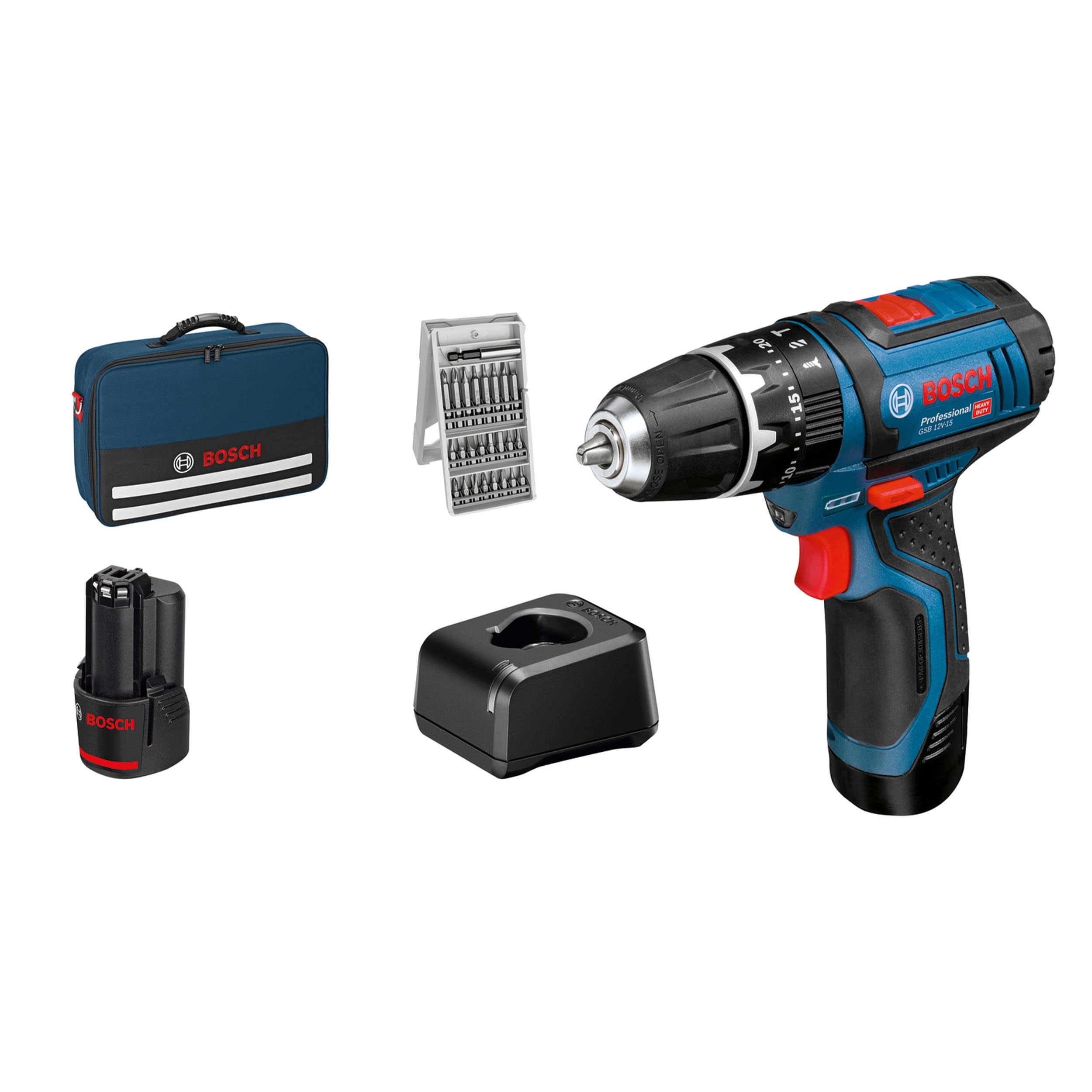 Bosch Professional 12V System Trapano-avvitatore con percussione GSR 12V-15 (incl. 2 batterie da 2.0Ah, caricabatteria GAL 12V-20, set di bit da 25 pz., borsa portautensili)