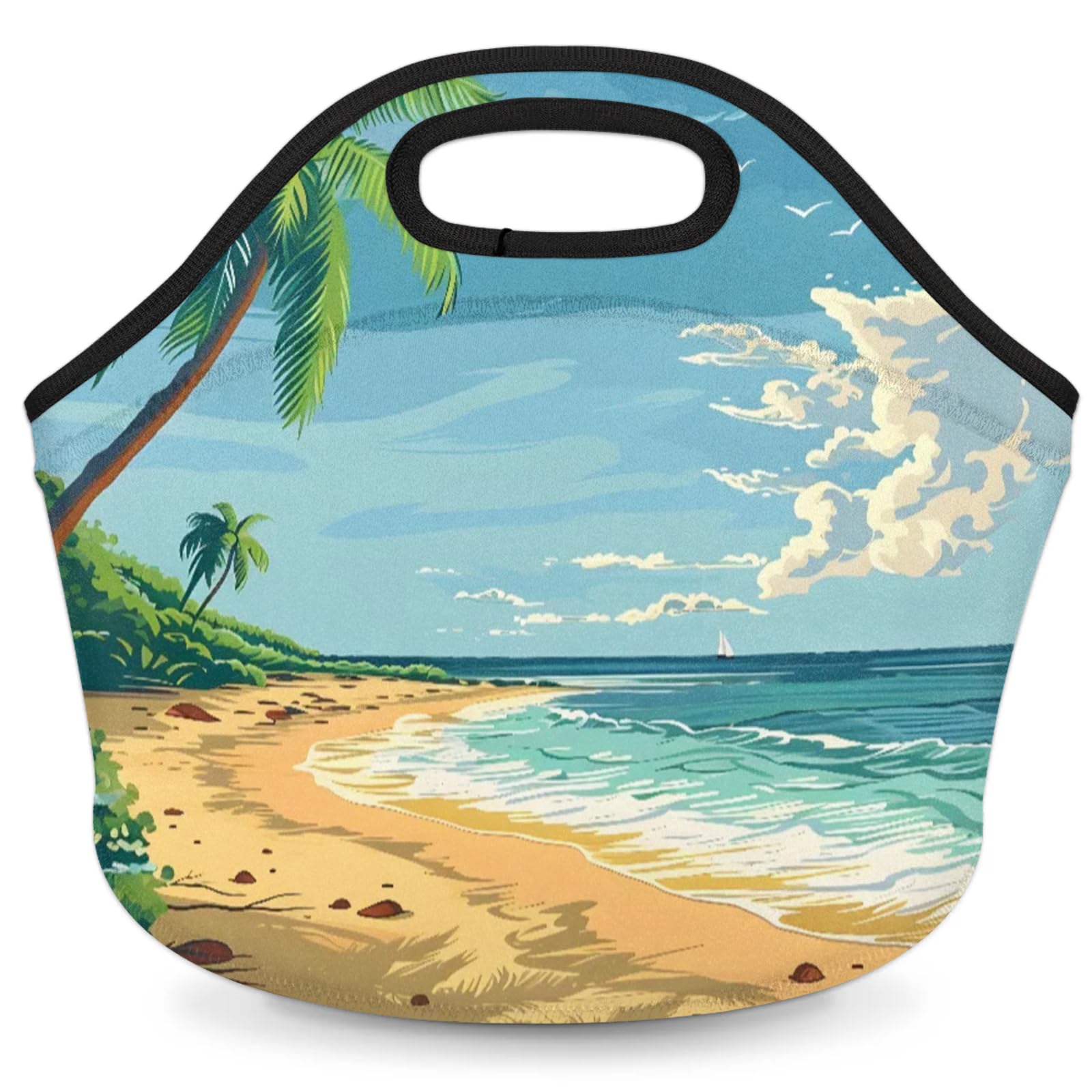 Coconut Trees Beach Reusable Neoprene Lunch Tote Bag for Women & Men - Lightweight Washable Lunch Bags for Work, Travel, Beach, Picnic