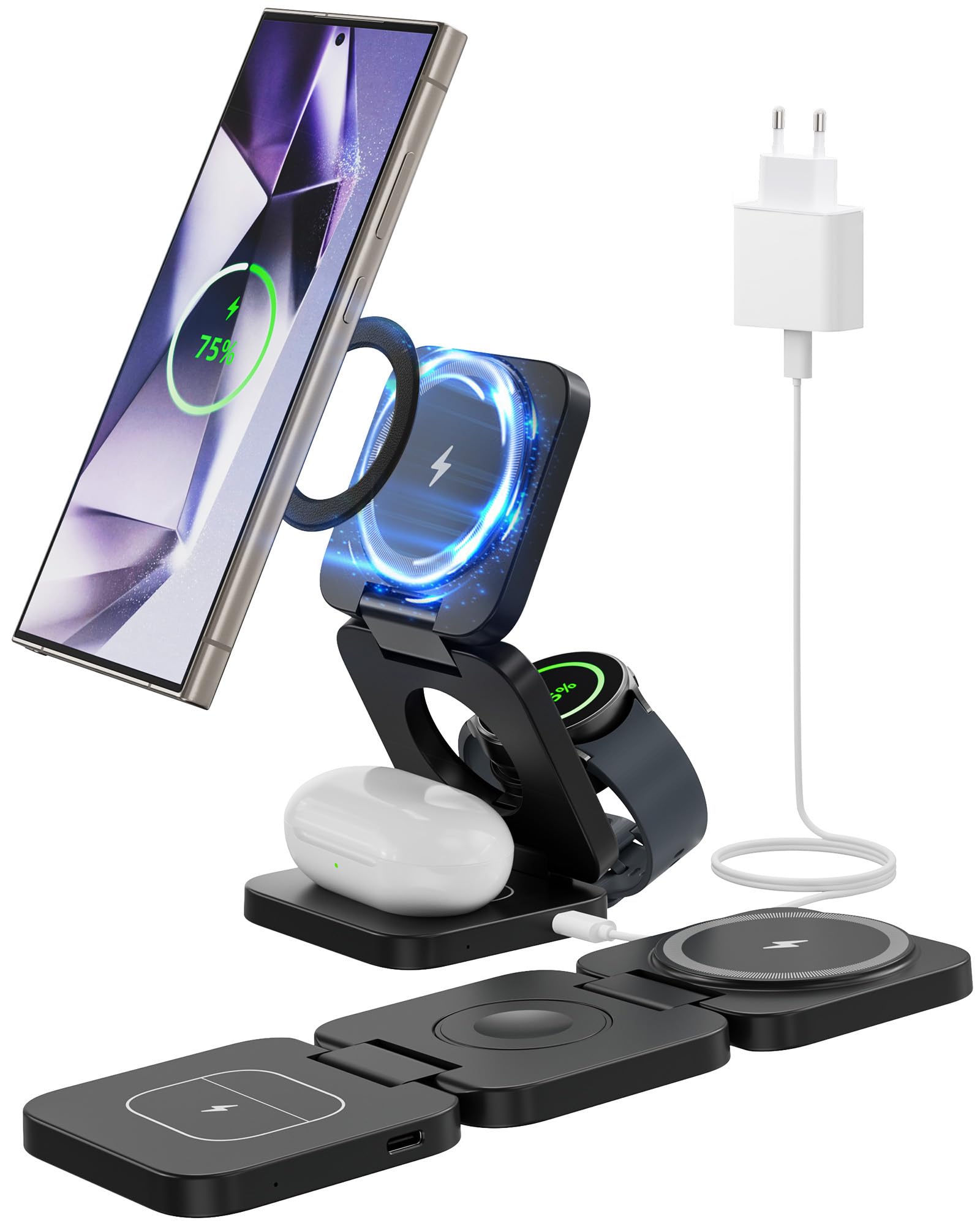 KU XIU Chargeur Induction pour Samsung, Magnétique Pliable Chargeur sans Fil pour Galaxy S25 Ultra S24 S23 S22 Note Z Fold Flip, Chargeur 3 en 1 pour Galaxy Watch Ultra 7 6 5 4, pour Galaxy Buds