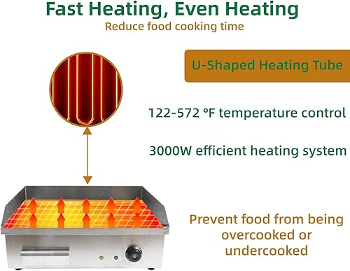Miniatura 10 de Plancha eléctrica comercial, 110 V 3000 W antiadherente restaurante Teppanyaki parrilla superior, 122.0-572.0 F Control de temperatura ajustable
