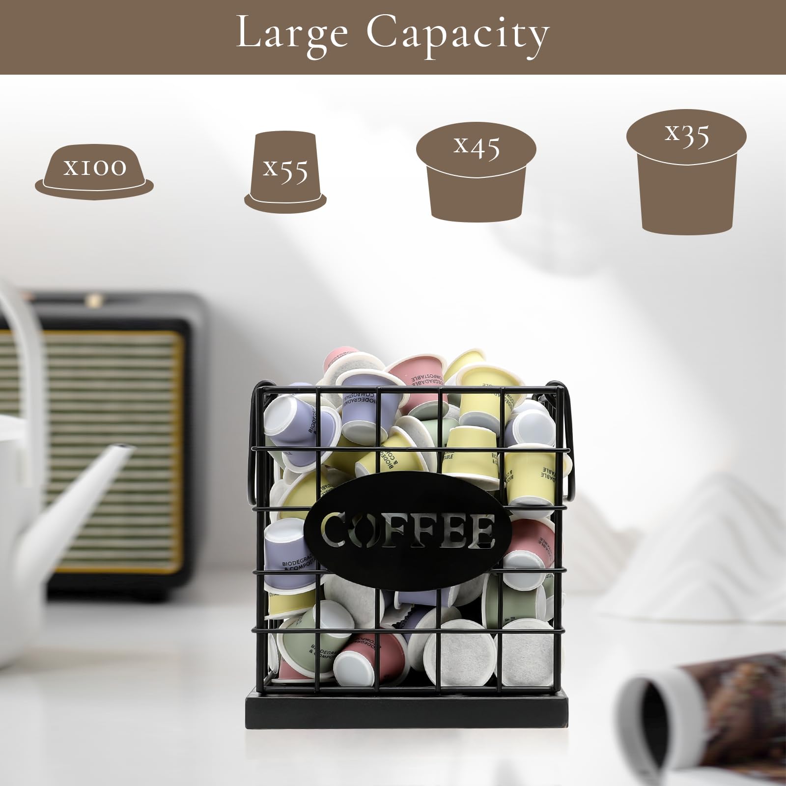 Organizador de cápsulas de café, organizador de gran capacidad, cesta de almacenamiento para encimera de cocina, oficina, cafetería, bar con base de madera (cuadrado negro rústico)