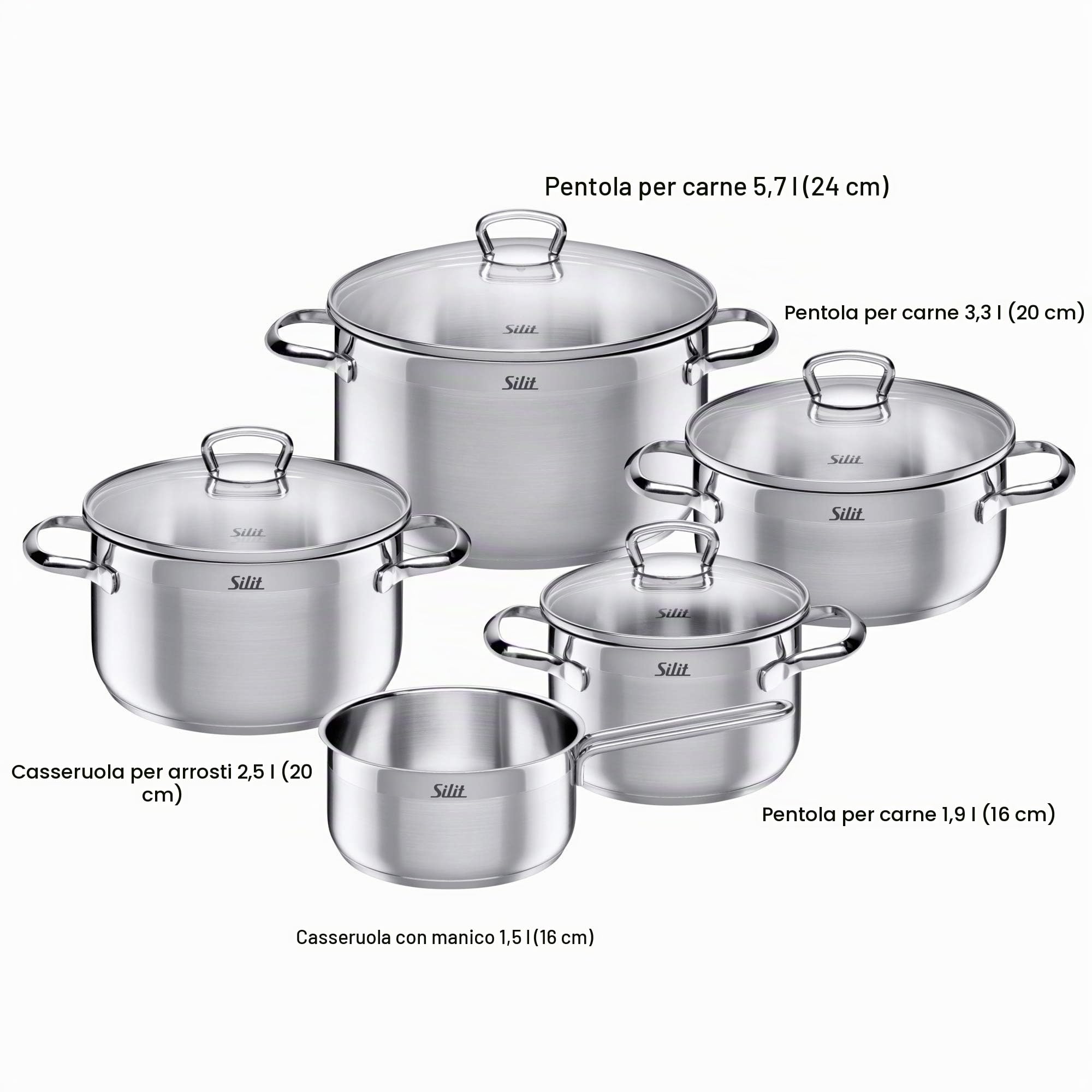 Silit Toskana 0021.6843.11 Set 5 pentole in acciaio INOX