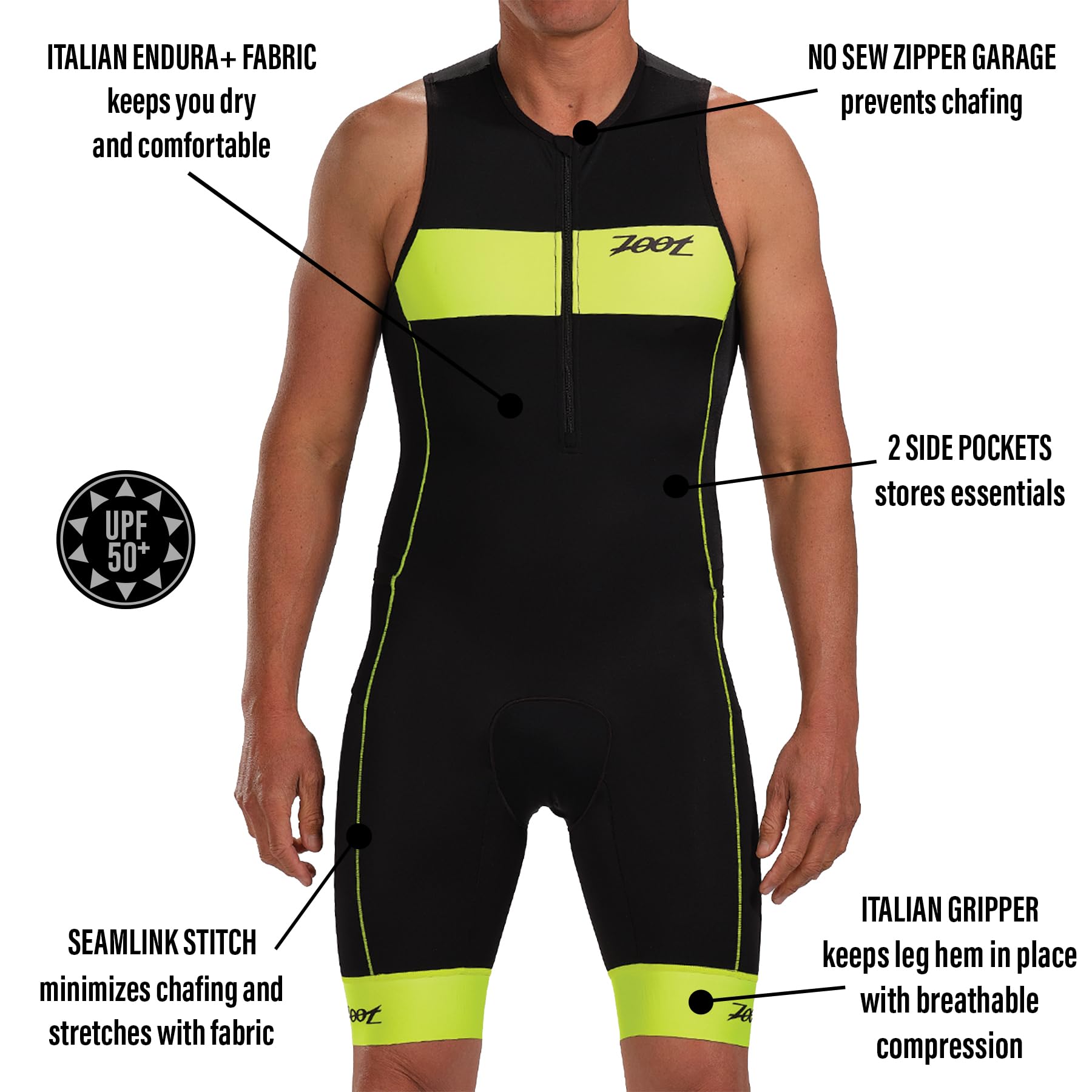 Zoot Combinaison de triathlon Core Tri Tank pour homme, sans manches, rembourrage en chamois, poches, UPF 50+, tissu à séchage rapide