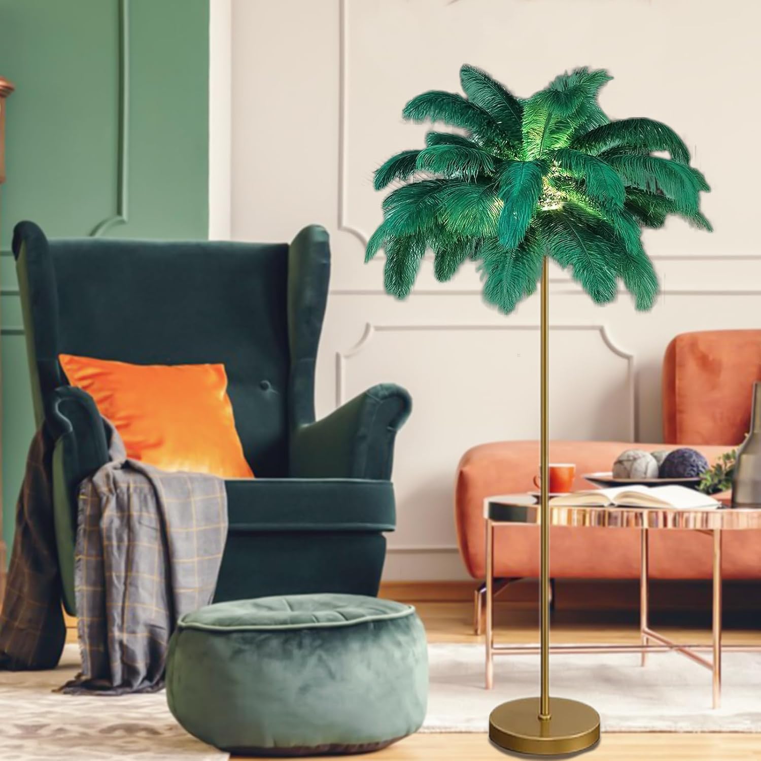 Feather Floor Lamp,Fluffy Ostrich Feather Floor Lamp for Bedroom,3 Color Temperatures Led Corner Modern Floor Lamps for Living Room Christmas Home Decor House Warming Gifts,63? Height,50 Piece(Green)