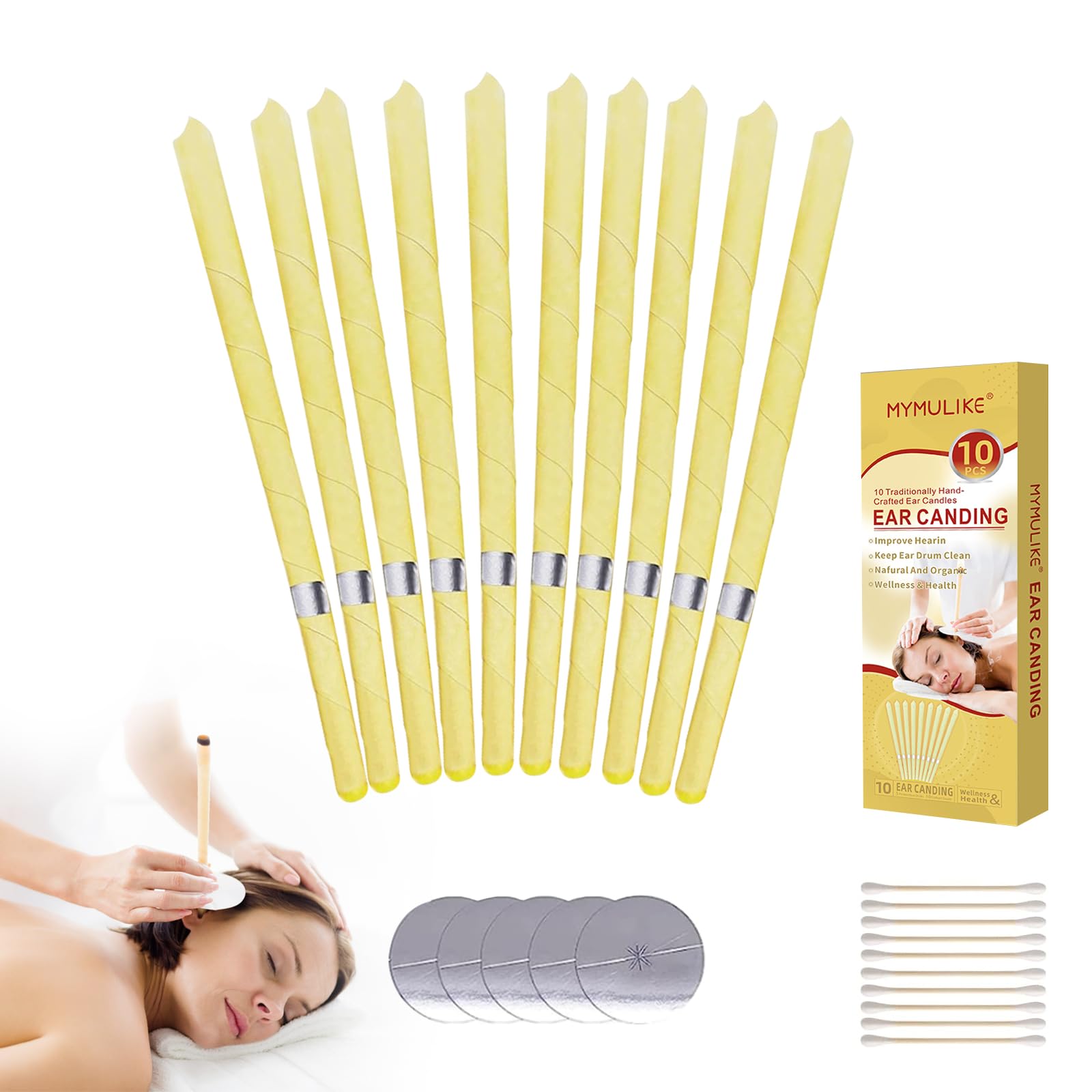 MYMULIKE10 Pcs Beeswax Ear Candles Wax Removal, Natural Ear Wax Candles for Ear Candling Wax Removal, Ear Wax Candles with 5 Protective Disks 10 Cotton Swab