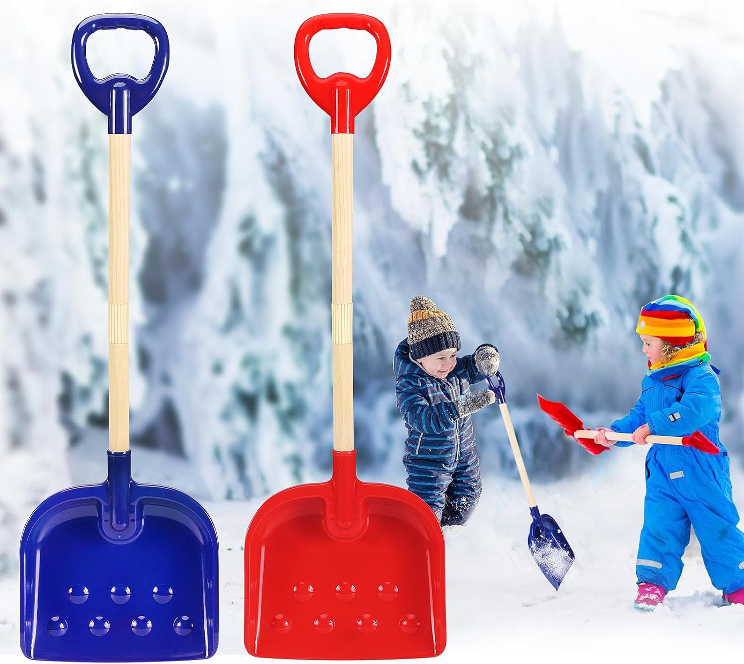Kids Snow Shovel 30" Tall Detachable Red & Blue Wooden Snow Shovels for Kids, with