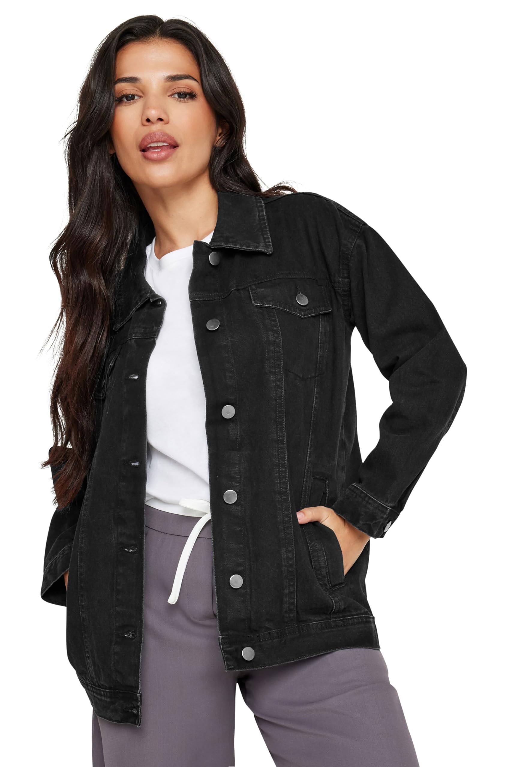 Pixiegirl Women's Black Petite Washed Oversized Cotton Denim Jacket Size 14