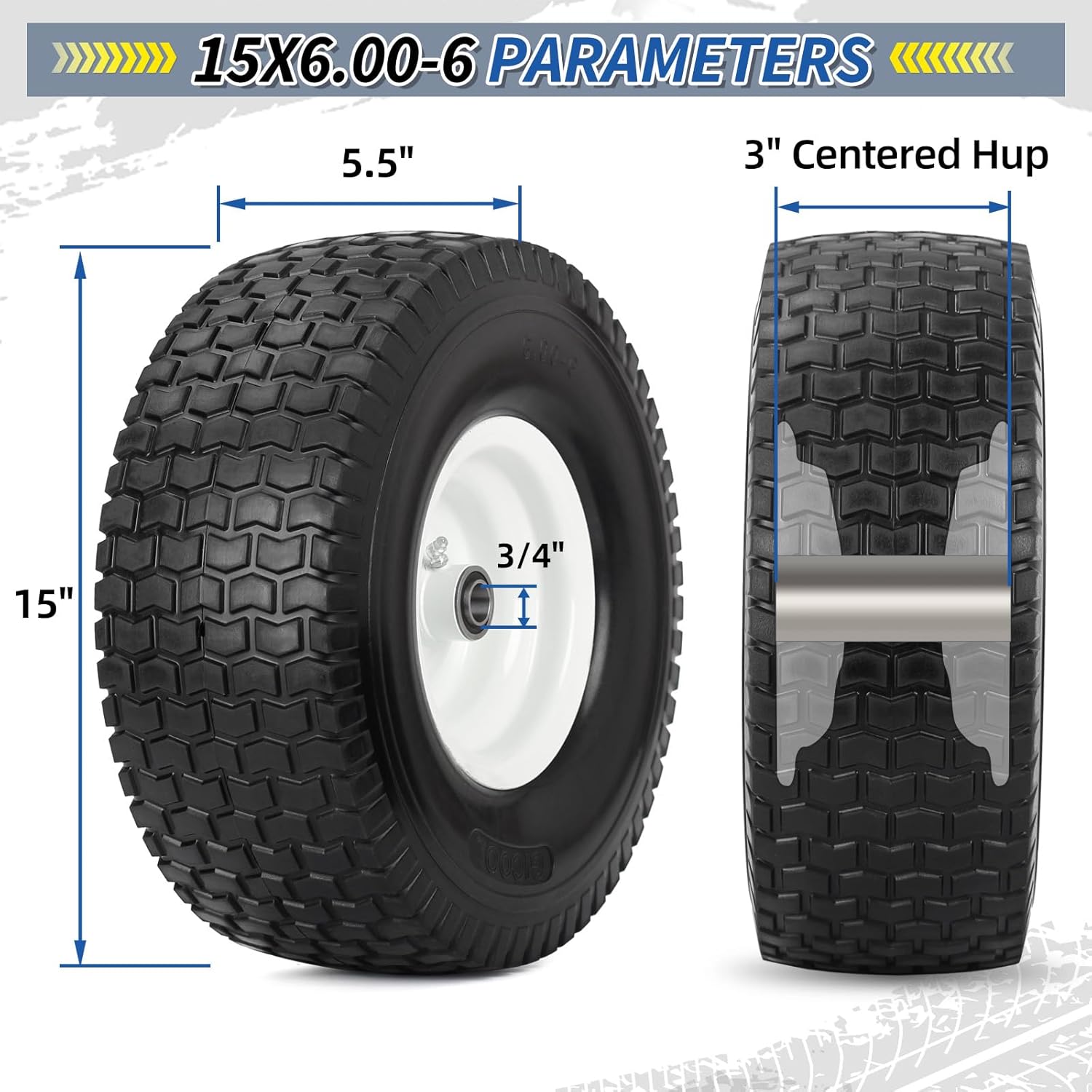 15x6.00-6 Flat Free Lawn Mower Tire and Wheel, Comes with Tire Saver Ramp, 15x6-6nhs Riding Mowers Lawn Tire and Wheel with 3/4" Bearing, 3" Centered Hub, 2 Pack