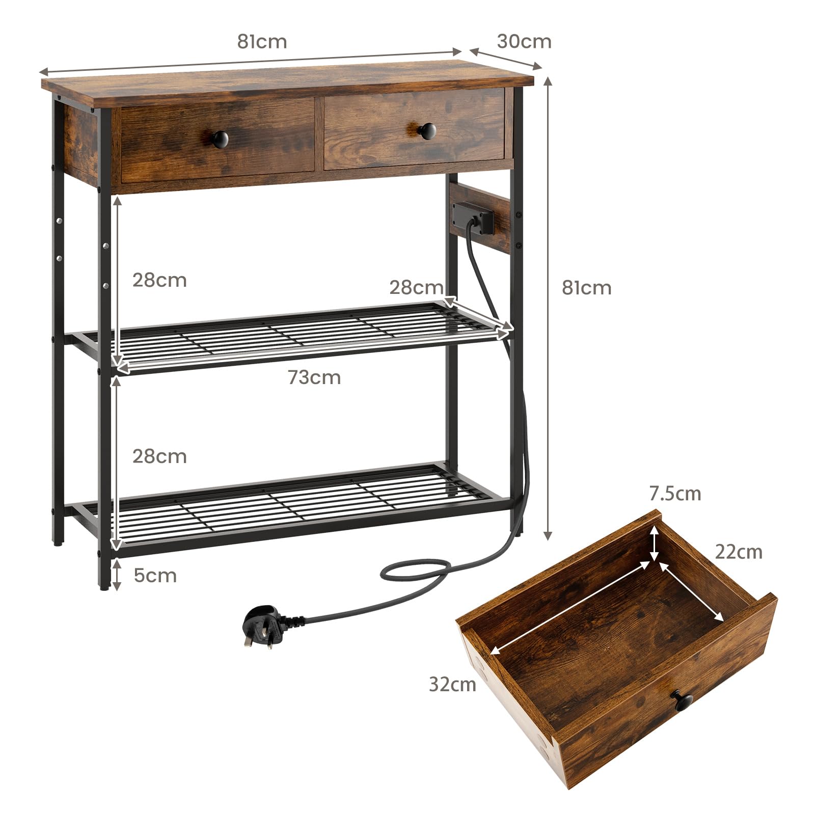 GIANTEX Mesa Consola de 3 Niveles con 2 Cajones y 2 Estantes de Metal, Mueble de Recibidor Estrecha con Estación de Carga, 81 x 30 x 81 cm, Mesa Auxiliar para Salón, Entrada (Marrón Rústico)