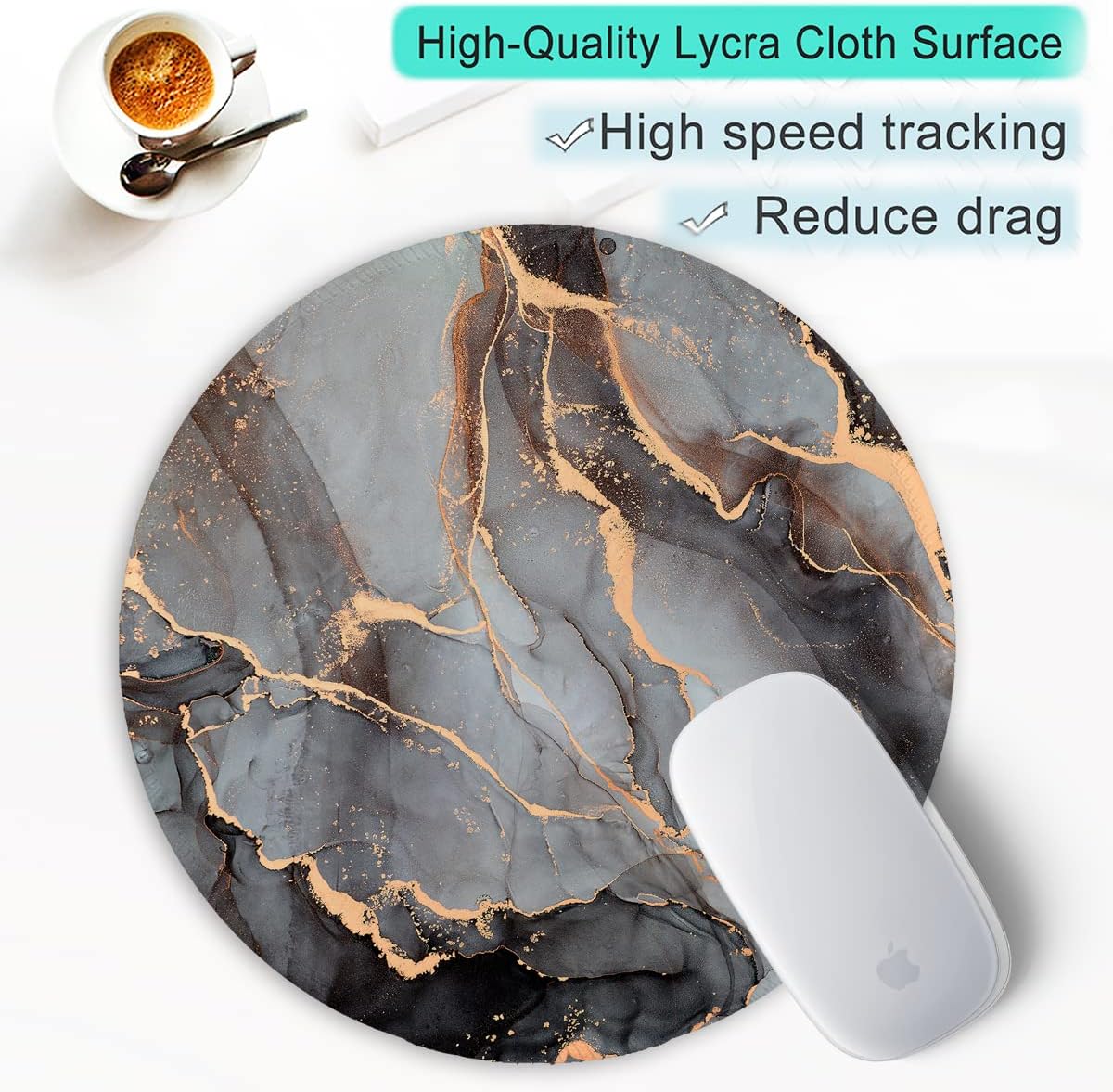 ITNRSIIET [20% Larger Mouse Pad with Stitched Edge, Premium-Textured Mouse Mat Waterproof Non-Slip Rubber Base Round Mousepad for Office Gaming PC Laptop 8.7×8.7 inches, Black Grey Marble