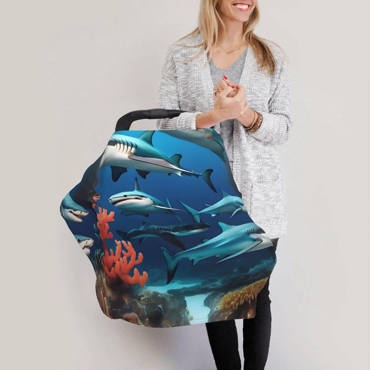 Submarine shark coral Versatile full-print Stroller Chair Cover/Nursing Cover, specially designed for your baby, Black