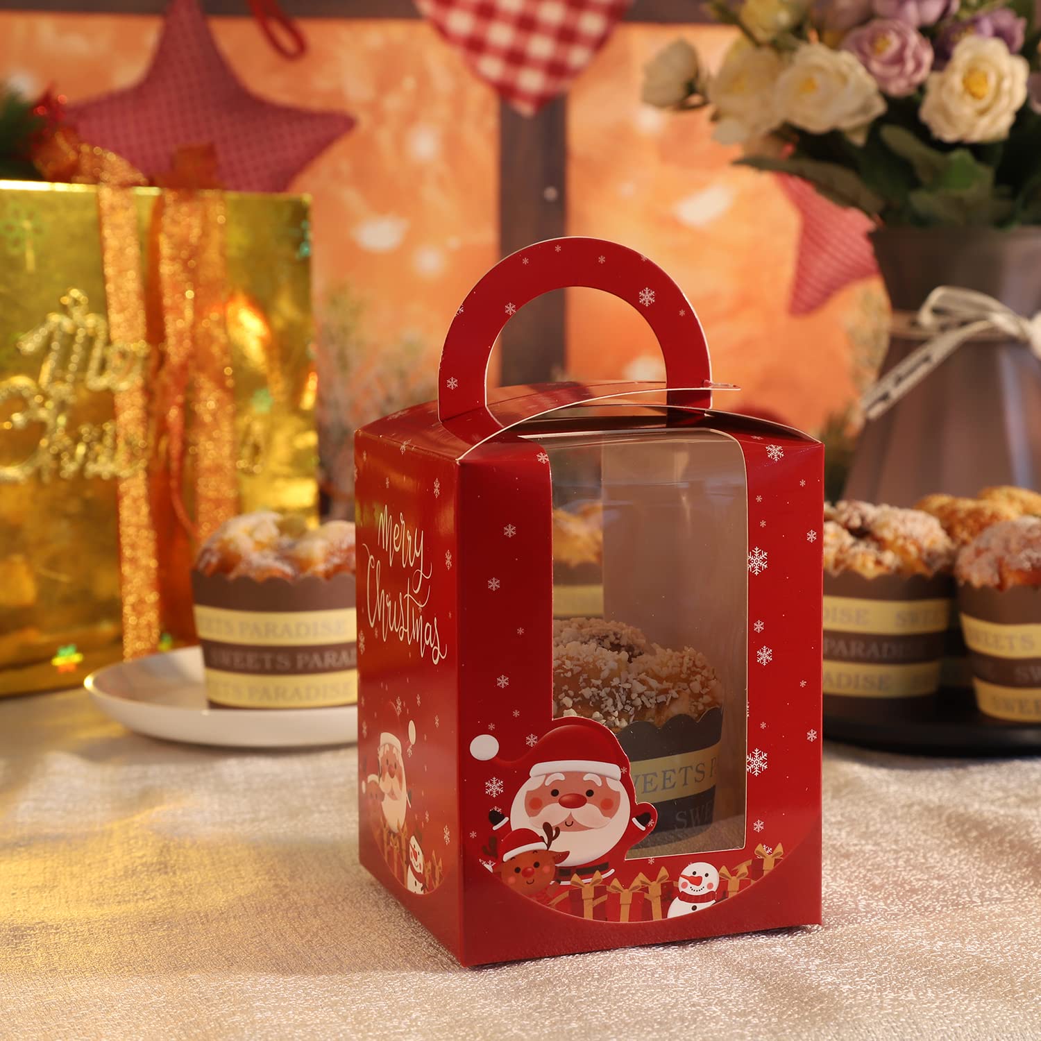 VGOODALL 14 Stück Weihnachts-Cupcake-Boxen Mit Fenster – Inkl. Juteschnur, 10x10x6 Cm