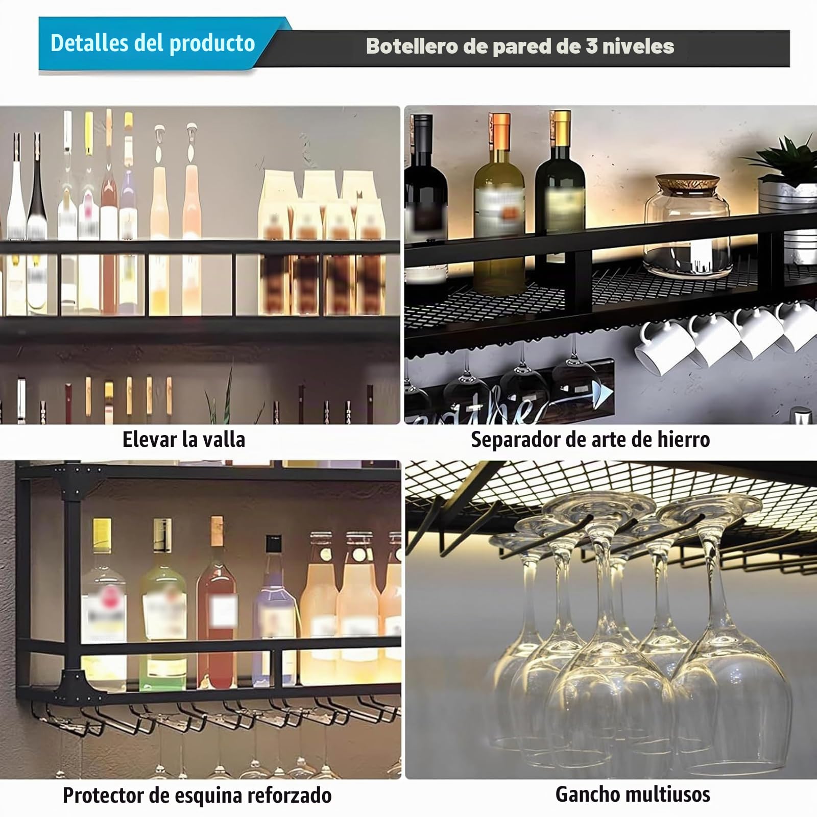 Botellero de Pared con portavasos, Estantería de Hierro de 3 Plantas, Estante de Botellas de Pared, Soporte Flotante para exhibición de Vino, para el hogar, Restaurante, Bares (Negro, 100cm)