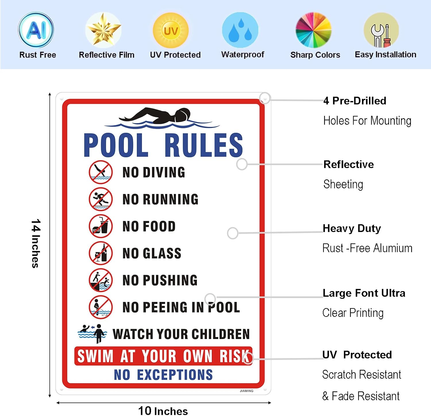 2 Pack Pool Rules Signs, 14x10 Inch Swim At Your Own Risk Sign, Reflective Rust-Free Aluminum Weatherproof UV Protected, No Diving No Running Safety Warning for Home Backyard & Community Pool.