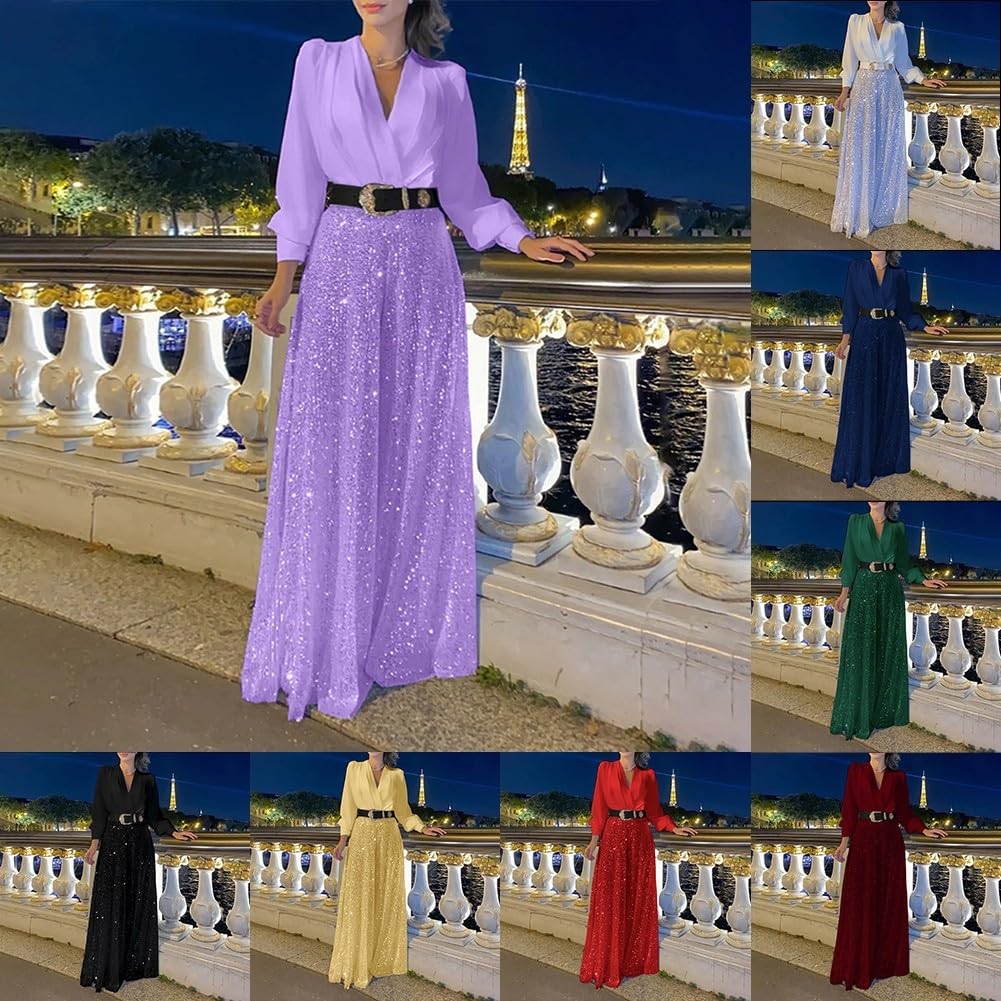 ZYWUOY Combinaison à paillettes pour femme avec col en V ample pour soirée élégante