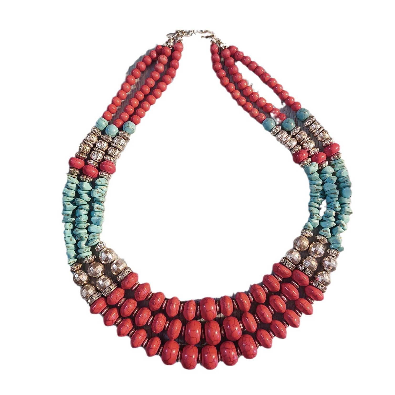Red Multi-Layer Bead Collana Bohemian Style Triple Layered Collana Chunky Ciondolo Perline Etniche Choker Multi Strand Collana per Le Donne Red