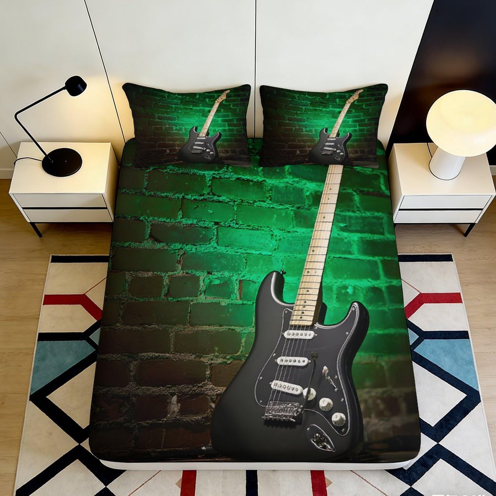 3D Printed Electric Guitar Fitted Sheet Microfiber Bedroom Deep Pocket Non-Slip Brick Mattress Fitted Cover Washable 90x200x25cm