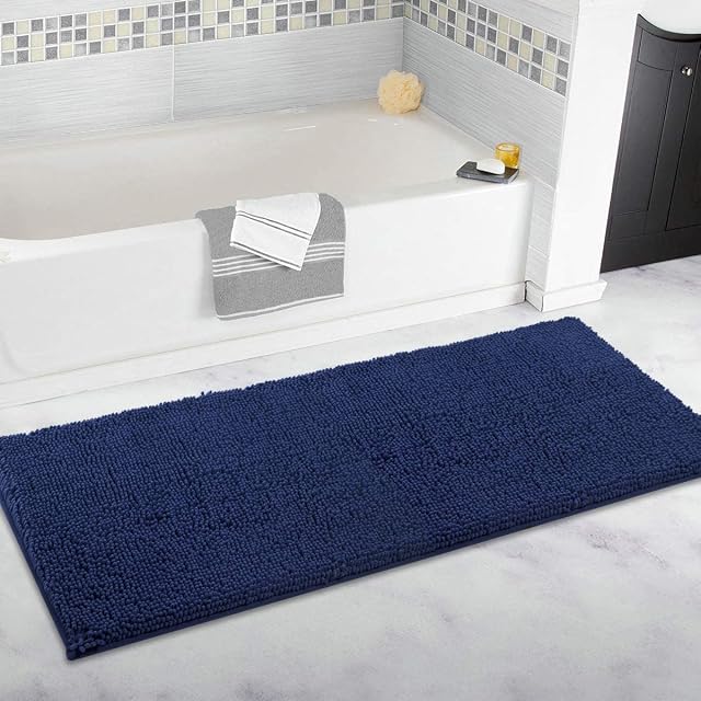 ITSOFT Plush Microfiber Long Runner - Non Slip Soft Bathroom Rug, Absorbent Machine Washable Chenille Bath Mat | Quick Dry Carpet, Great for Bath, Shower, Bedroom, or Door Mat, 120x53cm Navy Blue