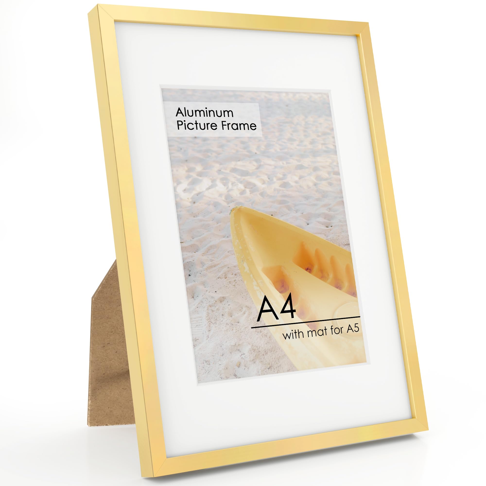 FLYJOE A4 Picture Frame Gold - High-End Metal 8.3 x 11.7 Frame Aluminum Frame for Wall, Photo Frame with Mat for A5, 8.25 x 11.75 Poster Frame, Certificate Frame with HD Plexiglass, Wall Kit, Gold — image 1