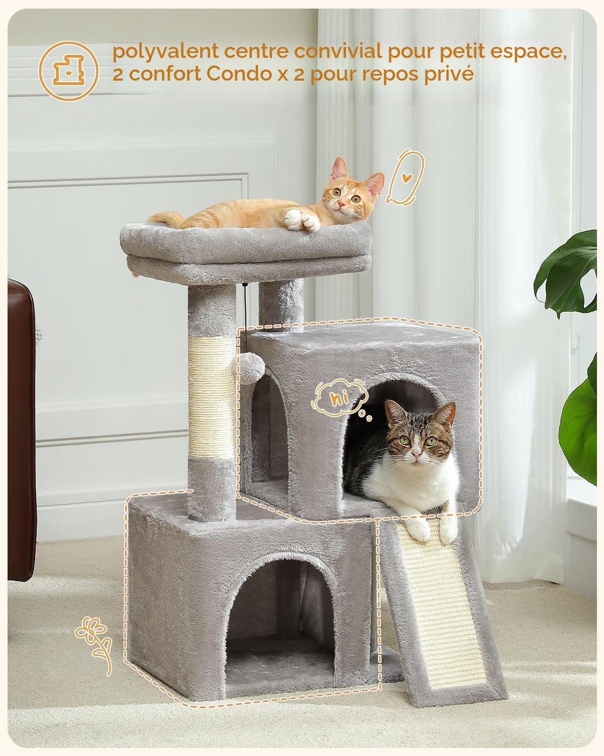 PETEPELA Arbre à Chat, Petit Arbre a Chat avec 2 Condos Douillets, Perchoir Moelleux, Griffoir et Poteaux en sisal & Pompons Suspendus, 77 cm, Gris