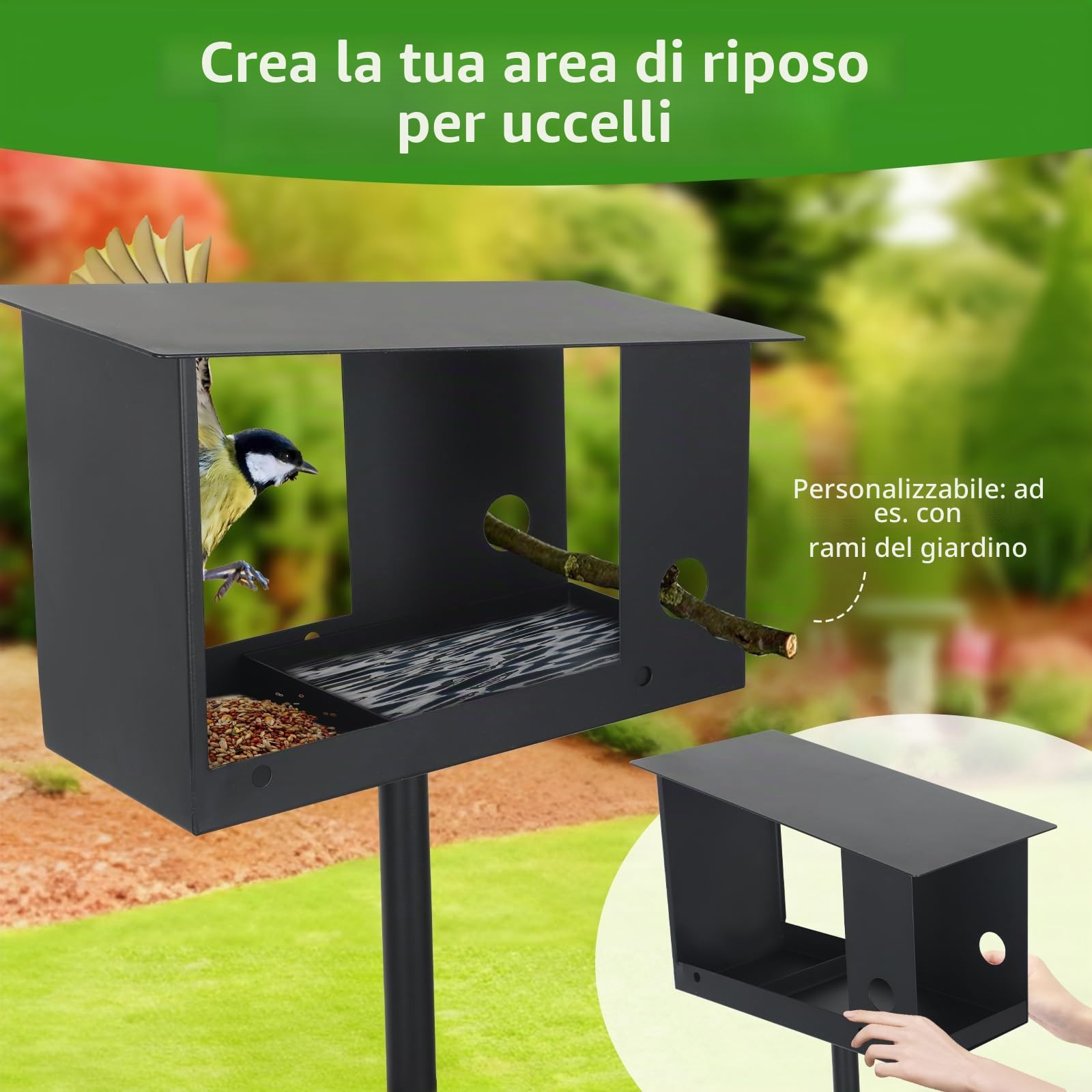 Casetta per uccelli con supporto, resistente alle intemperie, in metallo, per uccelli, 3 in 1, con tetto in metallo resistente alle intemperie, stabile mangiatoia per uccelli da giardino