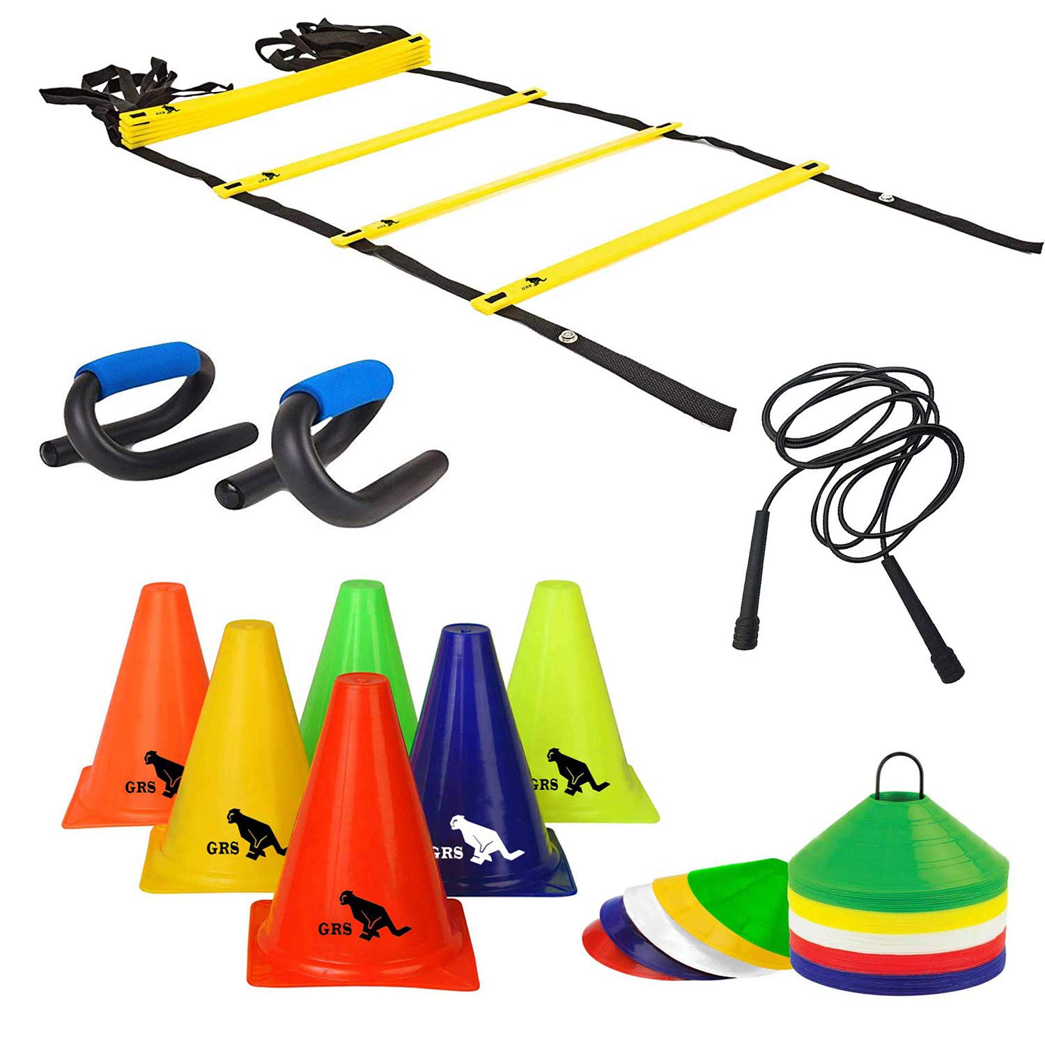 GRS® Sports 6 Inch Cones Pack 6,10 Space Markers, 4 Meter Ladder, Pencil Skipping Rope & Pushup bar Stands Agility Combo (B08VJFTVJ7) Amazon Price History, Amazon Price Tracker