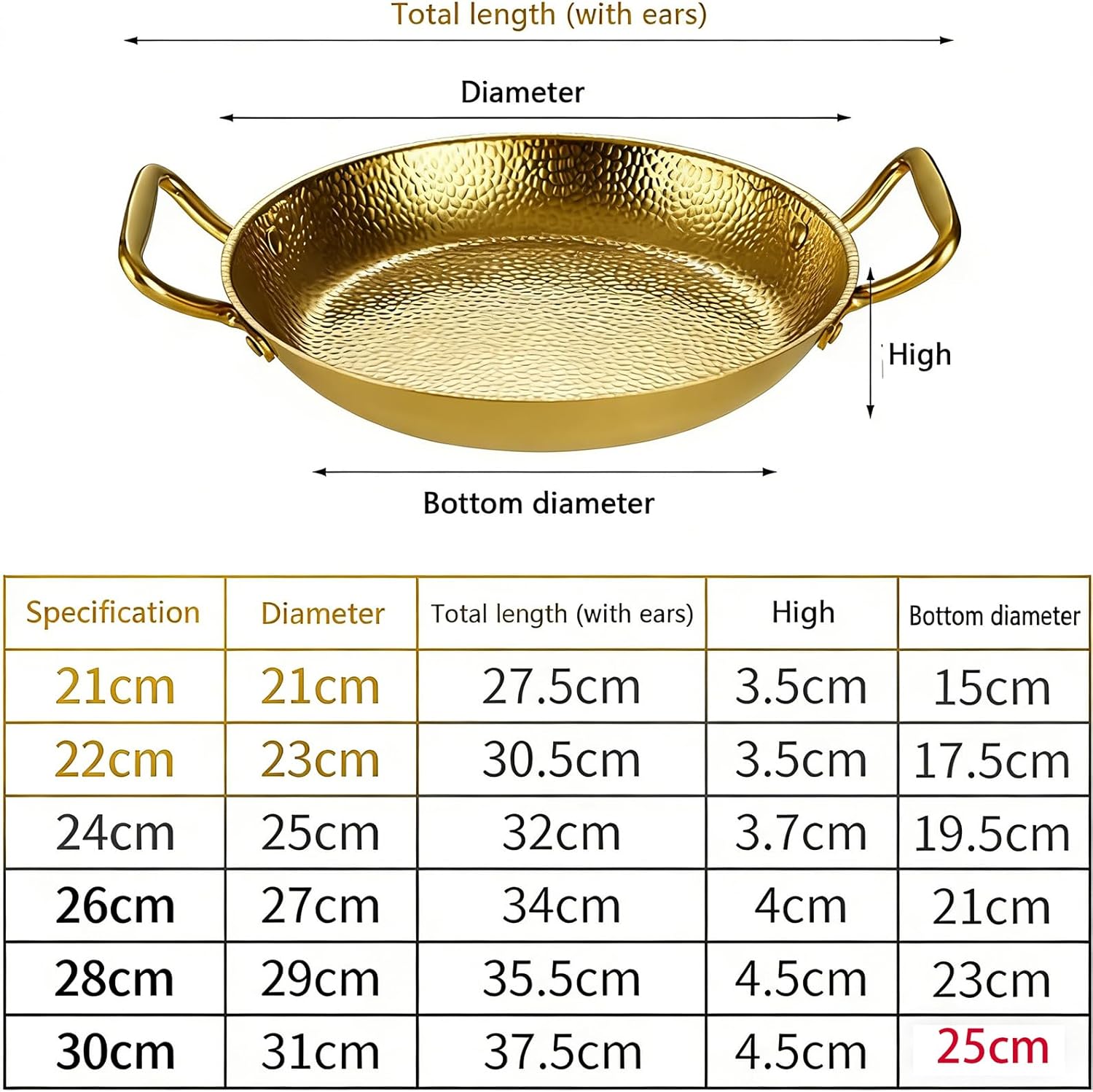 32cm Hand Hammered Paella Pan with Dual Handles, 304 Stainless Steel Nonstick Seafood Paella Cookware, Gold, Large Skillet for Home or Restaurant Cooking Silver 26CM/10.2in