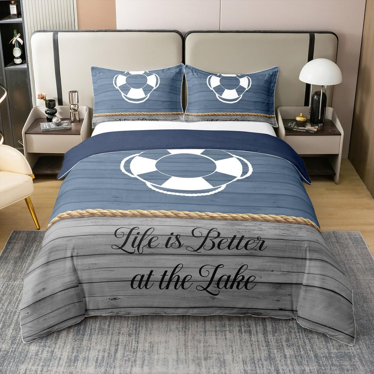 100% Nature Cotton Lake Life Duvet Cover Set Life Buoy Print Retro Ocean Comforter Cover Set Twin Size with 1 Pillowcase Rustic Wooden Board Camping Bedding Set(Not Comforter)