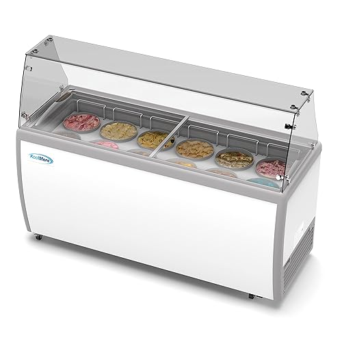 Koolmore Vitrina comercial para helados de 70 pulgadas con protector de estornudos, 12 tinas grandes exhibidas, 10 tubos de almacenamiento, puerta