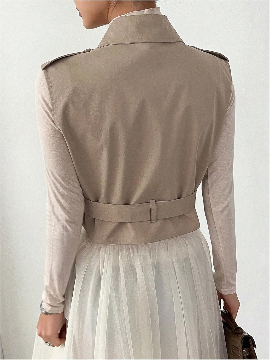 WDIRARA Women's Sleeveless Cropped Trench Coat with Belted Lapel Collar Vest Coat - Image 2