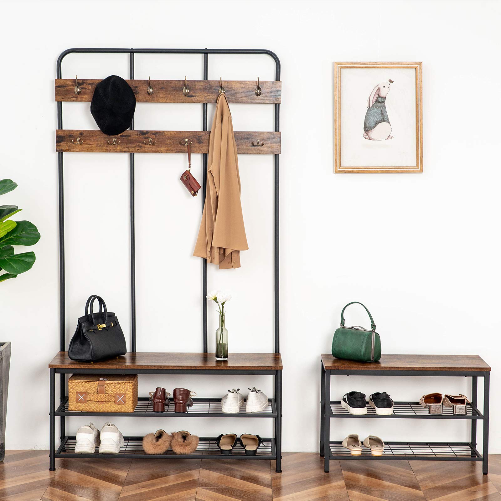 HOOBRO Grand Porte-Manteau, Meuble d’Entrée, avec Banc et Étagère à Chaussures 2 Niveaux, avec 12 Crochets, 100 x 35,5 x 182 cm, pour Couloir, Chambre, Style Industriel, EBF05MT01