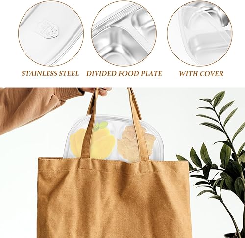 Miniatura 7 de Bandeja de almuerzo dividida de acero inoxidable 304 con tapa transparente, plato de tres compartimentos para reuniones escolares familiares y