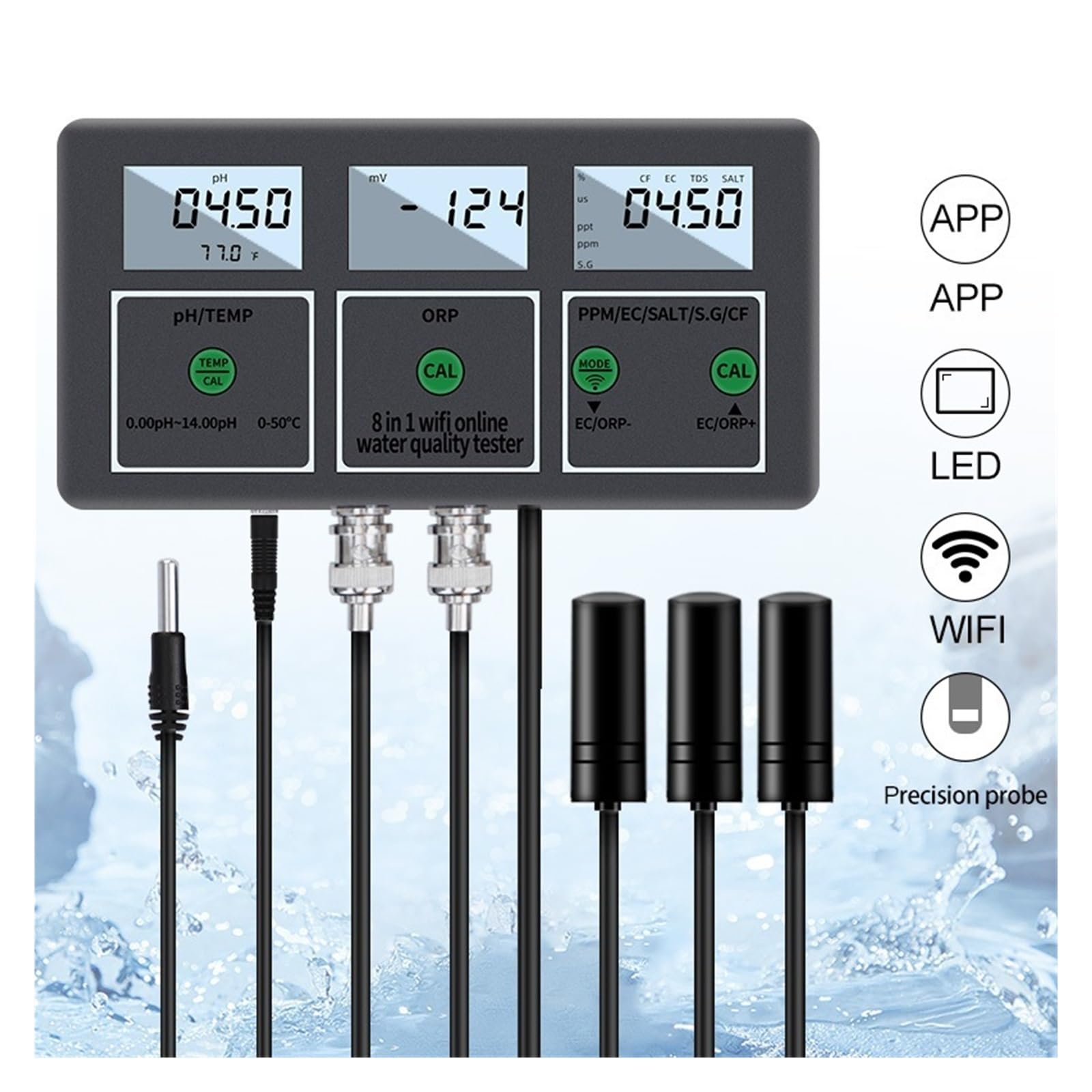 Medidor de calidad del agua multifunción 8 en 1, Monitor inteligente Digital PH EC TDS SALT SG.Temp ORP CF Tester,Extensamente probado