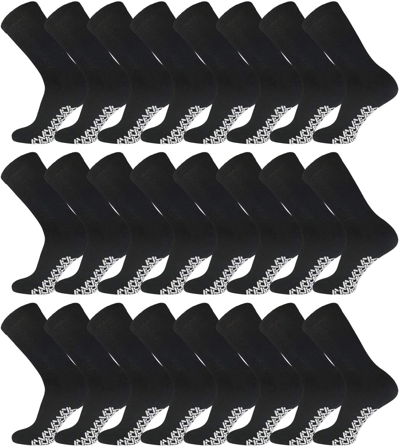 24 Pairs of Men's Cotton Non-Skid Diabetic Crew Socks, Non Binding Top Therapeutic Cotton Gripper Socks (Black, Shoe Size 8-11 US)