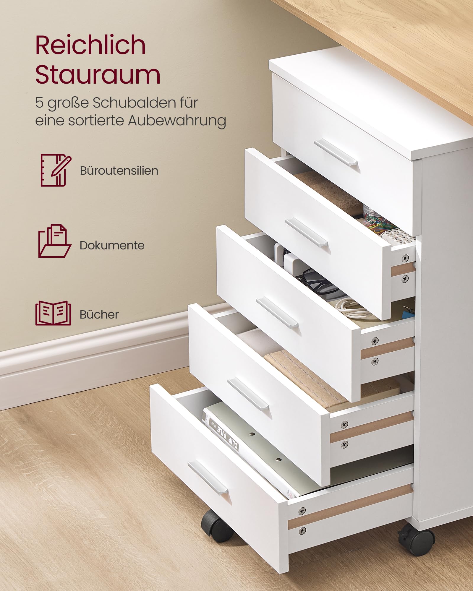 VASAGLE Custos Kollektion - Rollcontainer, mobiler Aktenschrank, Schubladenschrank, Druckerständer mit 5 Schubladen, mit schraubenlosen Gleitschienen, für Büro, Homeoffice, wolkenweiß OFC081W01V1
