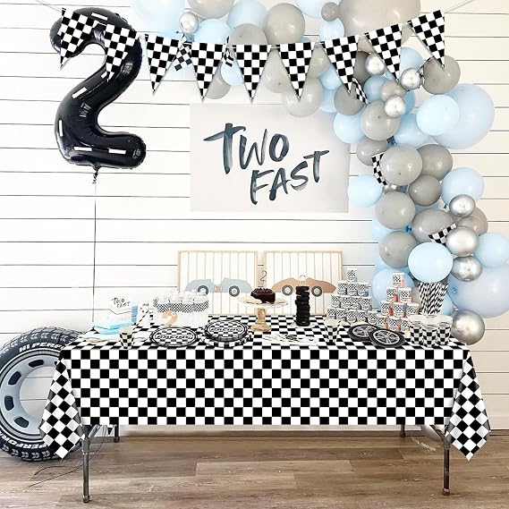 Racing Car Birthday Party Decorations Racing Car Party Supplies Including Paper Plates Checked Tablecloth Paper Cups Tyre Napkins Flag for Kids Birthday Racing Theme Party