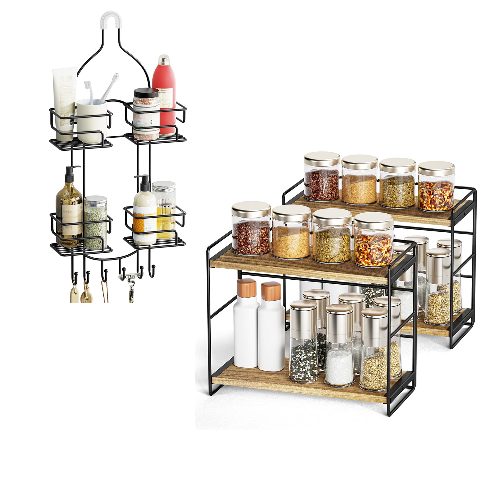 SRIWATANA Shower Caddy Over Showerhead - 2 Set 2 Tier Spice Rack Kitchen Counter Organizer Bathroom Countertop Organizer