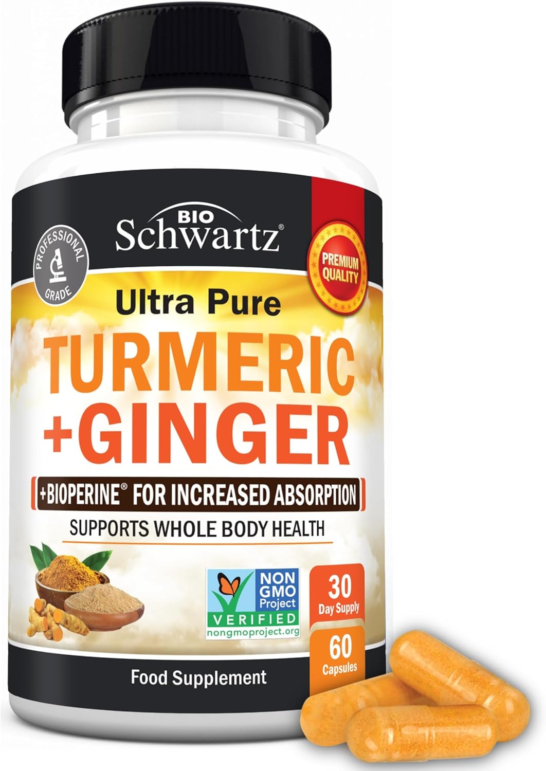 Turmeric Curcumin and Ginger – 95% Standardized Curcuminoids with BioPerine Black Pepper Extract for Ultra High Absorption – Natural Joint Support Supplement – Gluten-Free – 60 Capsules