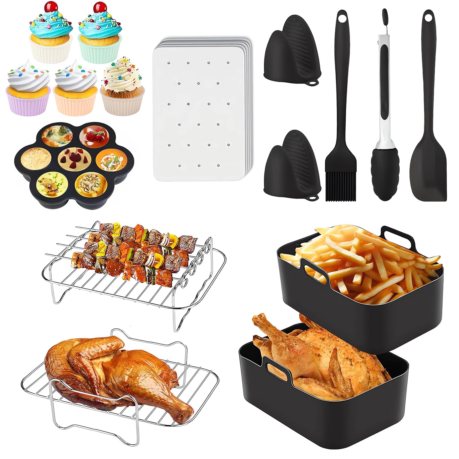 Silicone Air Fryer Accessories,12 PCS for Ninja Dual Air Fryer AF300UK AF400UK,Including Silicone Liners & Air Fryer Racks & Mini Cake Mold & Silicone Gloves & Food Clip & Oil Brush